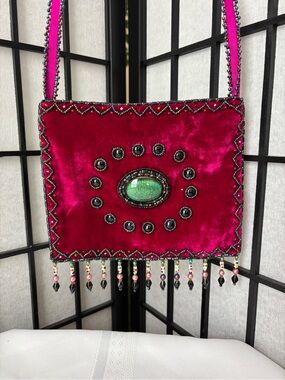 Embellished Fuchsia Velvet Crossbody Bag with Beaded Fringe